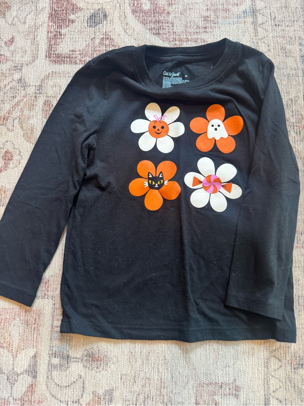 Cat and Jack Black Long-Sleeve Tee with Orange & White Halloween Flower Faces